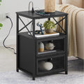 VECELO Black End Table with USB Ports and Outlets,24 Inch Nightstands with Charging Station and Storage Shelf for Bedroom,Living Room, 1 Set