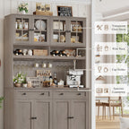 HOSTACK Kitchen Pantry Storage Cabinet, Coffee Bar Hutch Cabinet, Ash Gray | 75.4" Tall Pantry Cabinet with Charging Station / Countertop / Glass Doors / Wine Rack / Cup Holder / Drawers, Dining Room