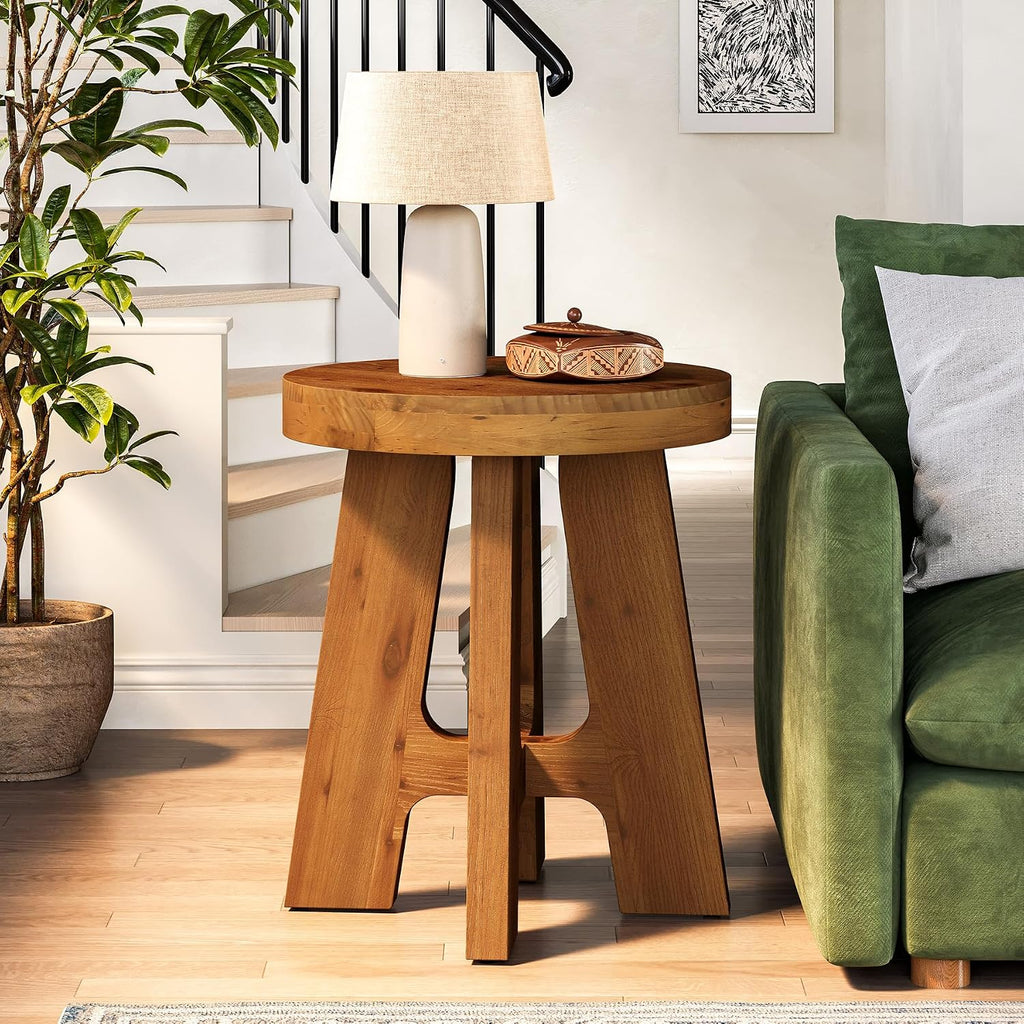 Round Side Table, Farmhouse Solid Wood End Table for Couch, Mid Century Modern Side Table with Heavy-Duty Legs, Small Bedside Table for Bedroom, Living Room, Walnut