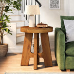 Round Side Table, Farmhouse Solid Wood End Table for Couch, Mid Century Modern Side Table with Heavy-Duty Legs, Small Bedside Table for Bedroom, Living Room, Walnut