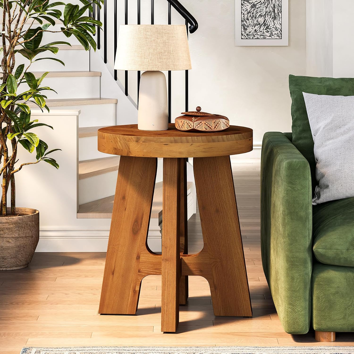 Round Side Table, Farmhouse Solid Wood End Table for Couch, Mid Century Modern Side Table with Heavy-Duty Legs, Small Bedside Table for Bedroom, Living Room, Walnut