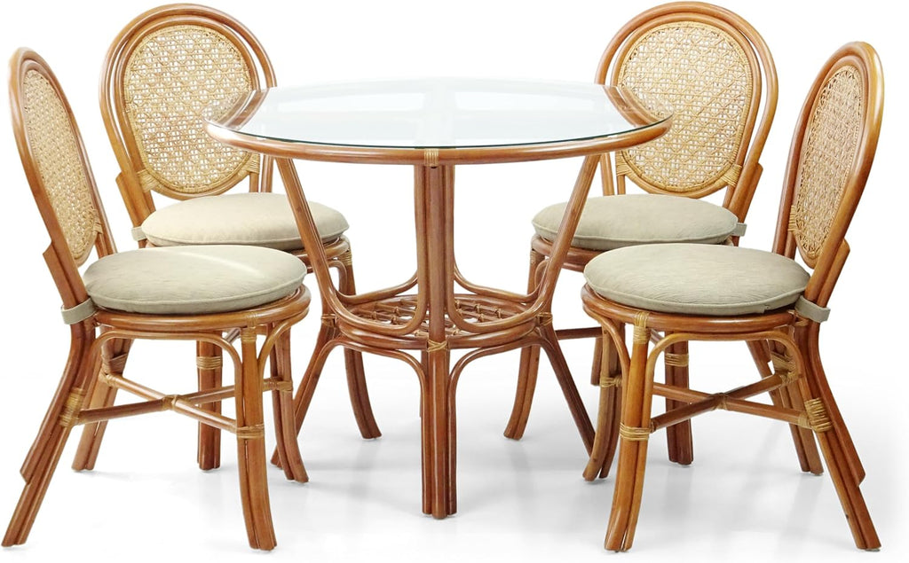 Rattan Wicker Dining Round Table Glass Top and 4 Denver Side Chairs with Cream Cushions, Dining Table Set for 4, Tropical Style Dining Table Set for Four, Colonial Color