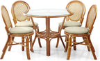 Rattan Wicker Dining Round Table Glass Top and 4 Denver Side Chairs with Cream Cushions, Dining Table Set for 4, Tropical Style Dining Table Set for Four, Colonial Color