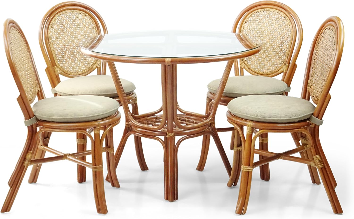 Rattan Wicker Dining Round Table Glass Top and 4 Denver Side Chairs with Cream Cushions, Dining Table Set for 4, Tropical Style Dining Table Set for Four, Colonial Color