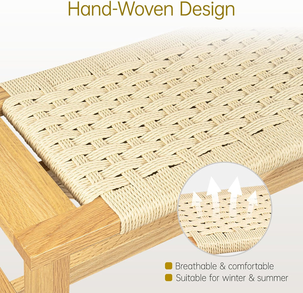 Solid Wood Narrow Bench, 33.46" Woven Bench for Entryway and Hallway, End of Bed Bench with Oak Frame, Boho Accent Bench - 500lbs Capacity (Natural White)