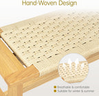 Solid Wood Narrow Bench, 33.46" Woven Bench for Entryway and Hallway, End of Bed Bench with Oak Frame, Boho Accent Bench - 500lbs Capacity (Natural White)