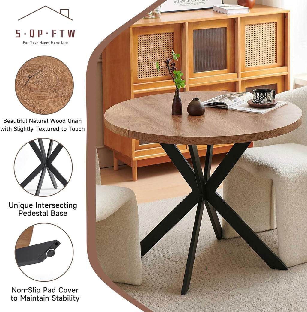 37 Inch Round Dining Table Set for 2, Modern Small Circle Kitchen Coffee Set for Apartment Living Room Office, Save Space(1 Wooden Table + 2 White Boucle Chairs)