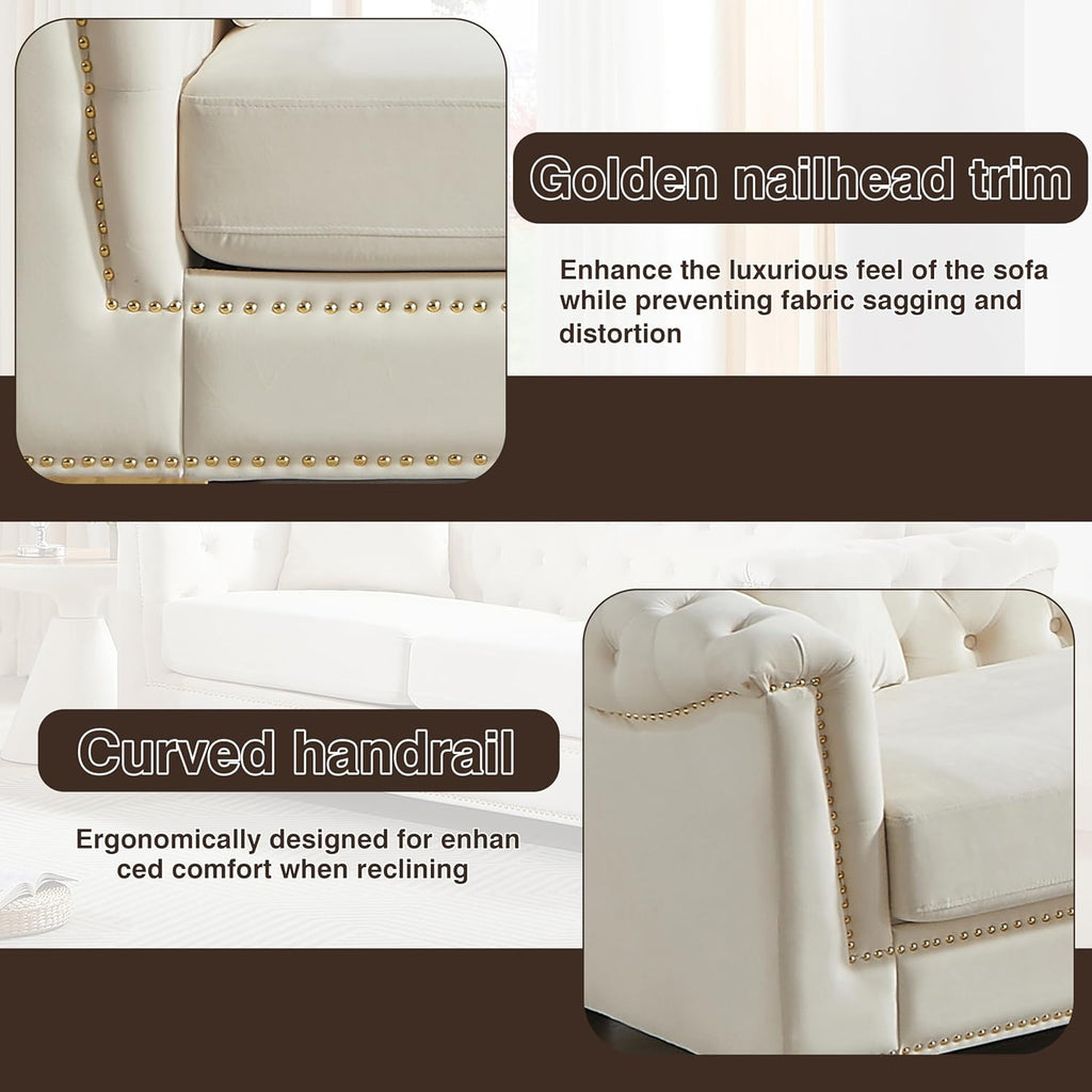 Harper & Bright Designs 84" Classic Modern Chesterfield Sofa - Velvet 3-Seater Couch with Rolled Arms, Tufted Back & Studs for Living Room - Beige
