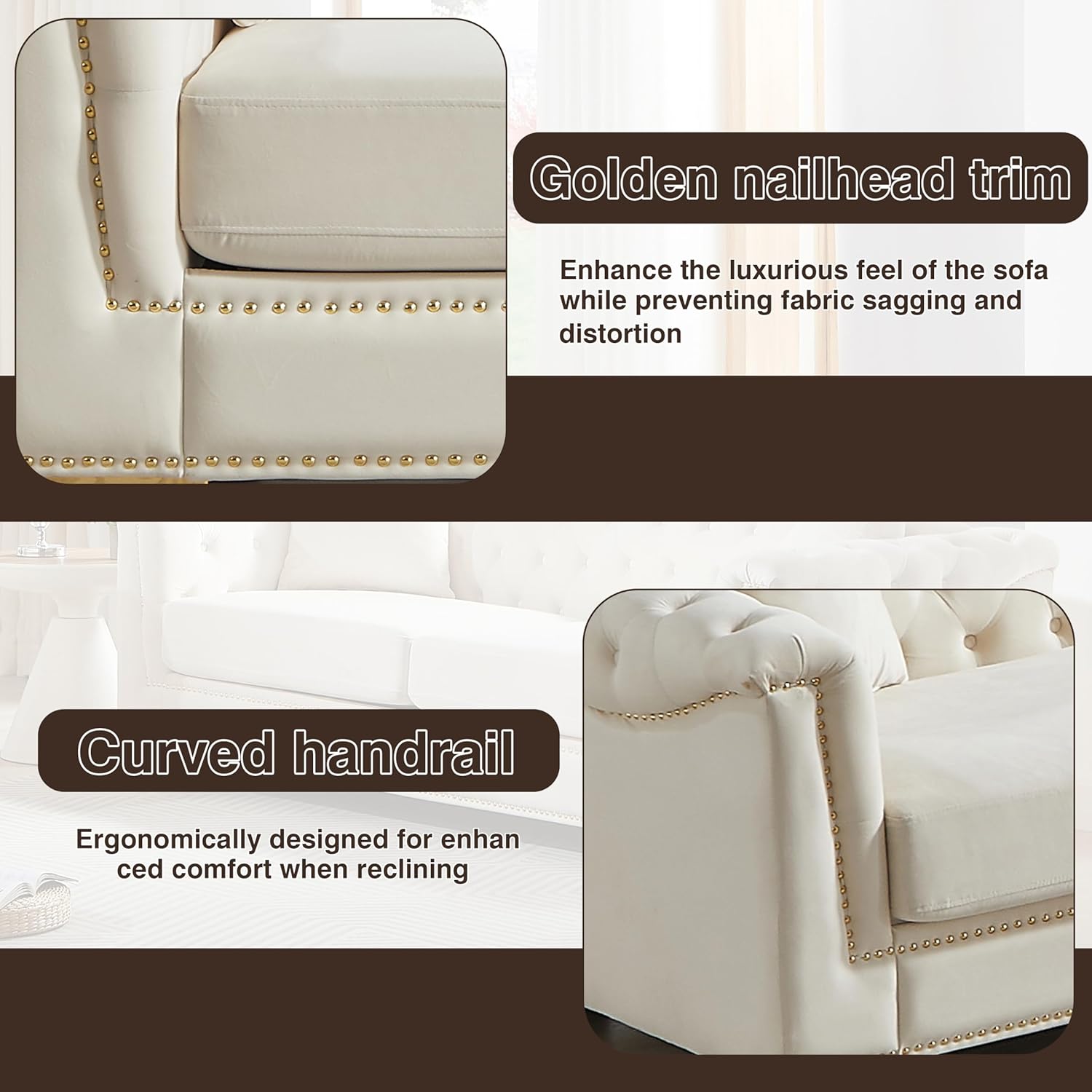 Harper & Bright Designs 84" Classic Modern Chesterfield Sofa - Velvet 3-Seater Couch with Rolled Arms, Tufted Back & Studs for Living Room - Beige