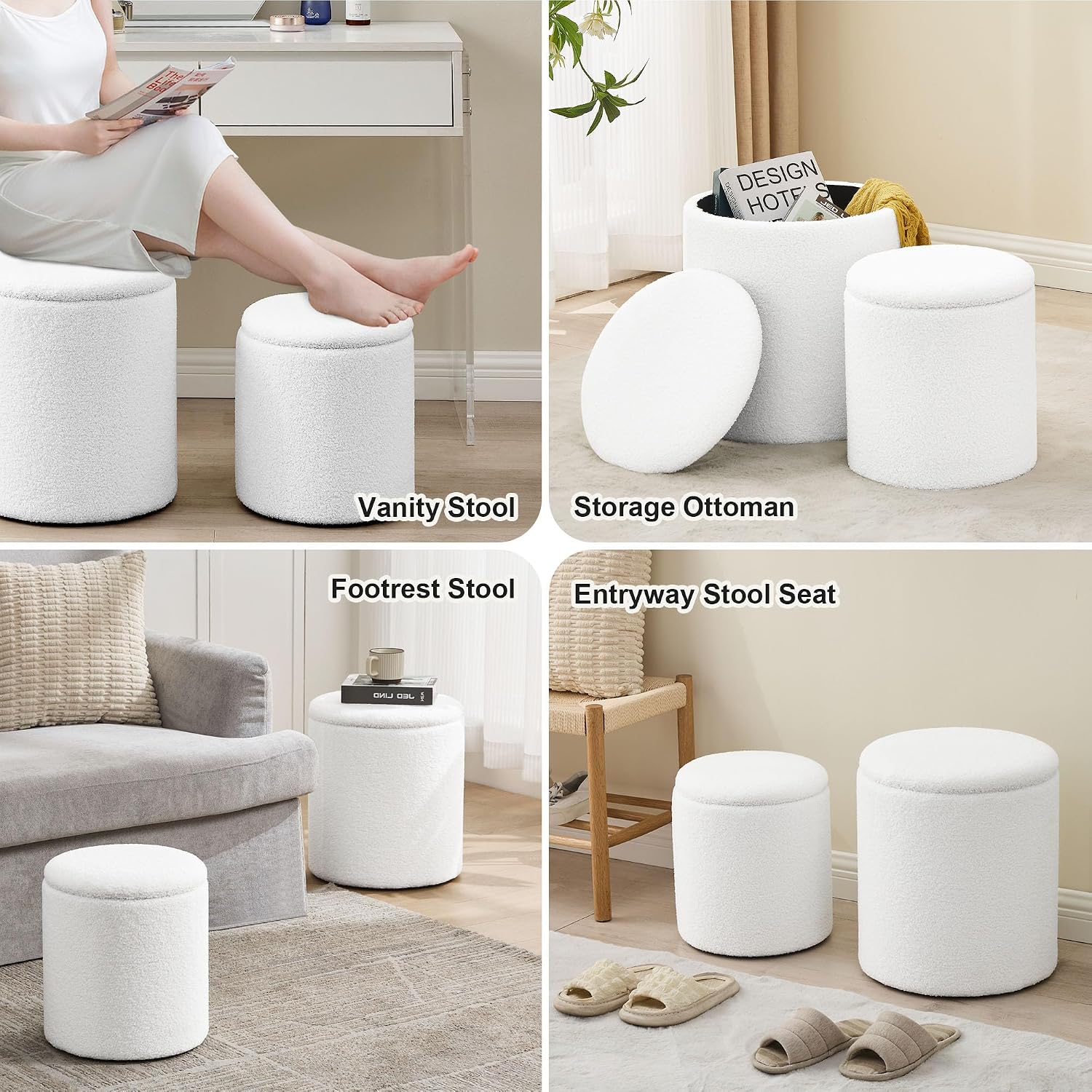 oakvivo Round Set of 2 Ottoman with Storage, Boucle Storage Ottoman Foot Stool, Soft Teddy Upholstered Small Vanity Stool, Ottomans Padded Seat Foot Rest for Living Room Bedroom, White
