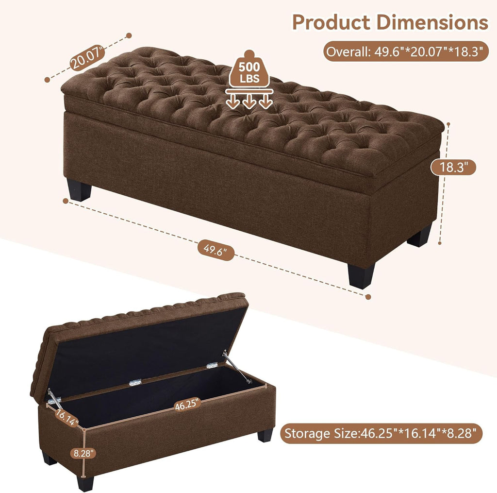 WUTUTUEE 50" Fabric Storage Ottoman Bench, Upholstered Rectangle End of Bed Storage Ottoman Tufted Living Room Bedroom Bench with Safety Hinge, Solid Wood Legs, Loads 500 lb(Brown)