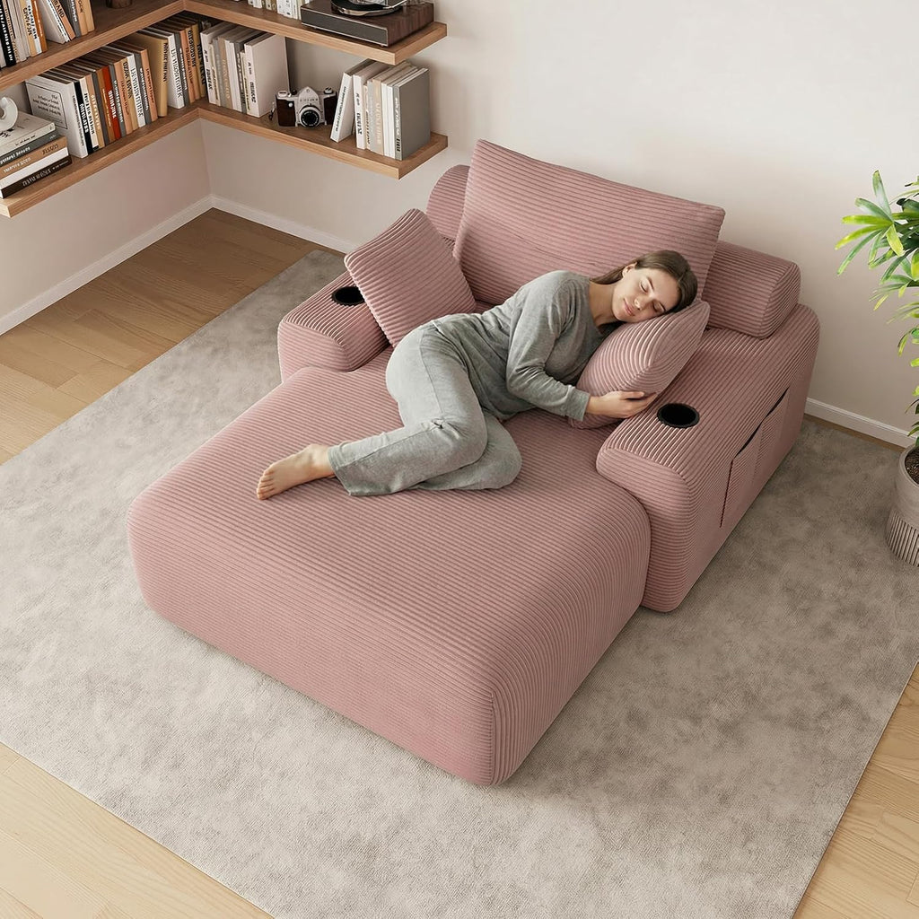 69” Oversized Chaise Lounge Chair Indoor, Soft Floor Chaise Lounge Reading Chairs with 4 Side Pockets and 2 Cup Holders, Comfy Corduroy Sleeper Sofa Bed for Living Room Bedroom, Pink