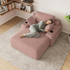 69” Oversized Chaise Lounge Chair Indoor, Soft Floor Chaise Lounge Reading Chairs with 4 Side Pockets and 2 Cup Holders, Comfy Corduroy Sleeper Sofa Bed for Living Room Bedroom, Pink