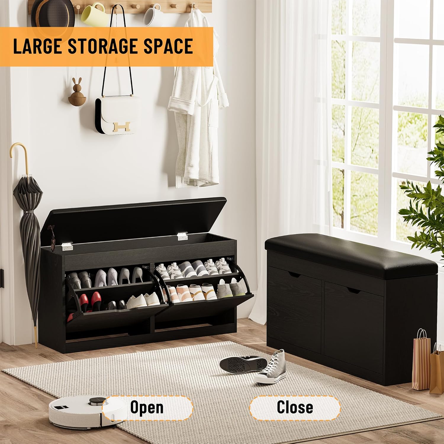 40" Shoe Storage Bench with Flip Drawers Padded Seat Cushion, Shoe Cabinet with Lift Top Storage Box, Shoe Bench Shoe Organizer for Entryway, Hallway, Living Room, Black