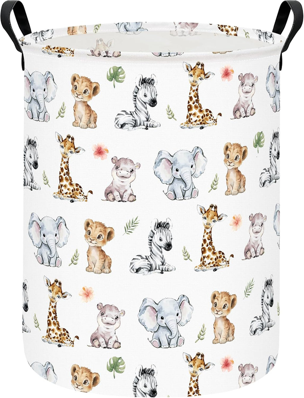 Round Jungle Wildlife Laundry Hamper, Cotton Canvas Storage Bin | Waterproof stain-resistant cotton canvas, reinforced hand grips, jungle wildlife print for bedroom, bath and dorm belongings
