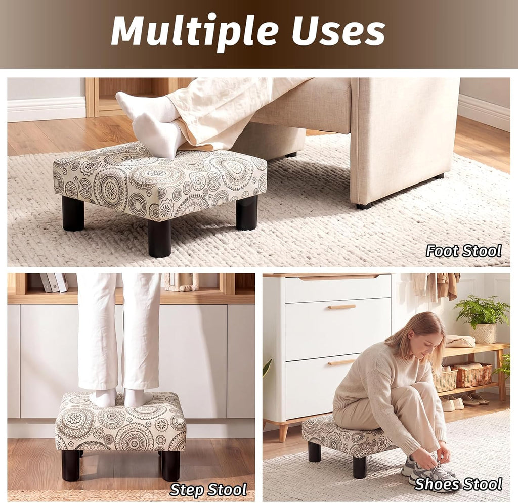 Joveco Small Foot Rest Stool Ottoman, Square Upholstered Fabric Footstool for Couch, Under Desk, Office, Living Room, Printing Beige