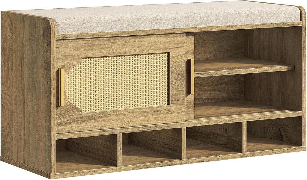Shoe Storage Bench, 39.4" Entryway Bench with Linen Seat Cushion, 3-Tier Rattan-Style Shoe Cabinet Bench with Sliding Door, 4 Open Compartments and Adjustable Shoe Shelves, for Hallway, Natural Pecan