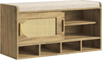 Shoe Storage Bench, 39.4" Entryway Bench with Linen Seat Cushion, 3-Tier Rattan-Style Shoe Cabinet Bench with Sliding Door, 4 Open Compartments and Adjustable Shoe Shelves, for Hallway, Natural Pecan