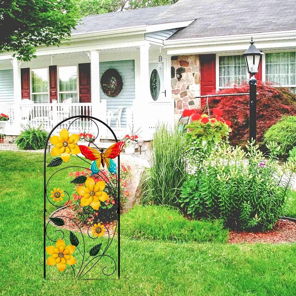 YEAHOME Garden Decor for Outside, 34" Flower Butterflies Decorative Garden Stakes for Spring Garden Decor, Metal Yard Art Stakes for Outdoor Lawn Backyard Porch Decorations