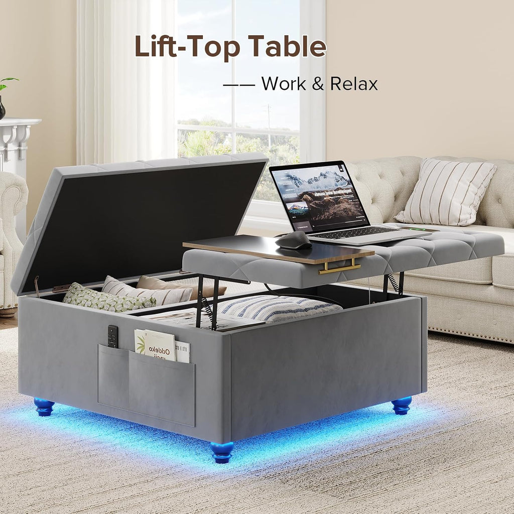 Dnxao Ottoman Coffee Table with Storage and Tray for Living Room, Gray | Tufted Velvet Large Square Ottoman with LED Lights and Charging Station, Multi-Functional Footrest with Storage Pockets