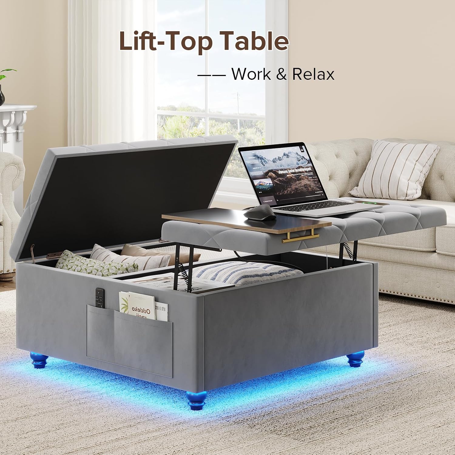 Dnxao Ottoman Coffee Table with Storage and Tray for Living Room, Gray | Tufted Velvet Large Square Ottoman with LED Lights and Charging Station, Multi-Functional Footrest with Storage Pockets