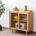 Bamboo Kitchen Sideboard Pantry Cabinets with Hooks, Large Storage Cupboard Pantry with 4 Tempered Glass Doors, Microwave Shelf, Freestanding Storage Buffet for Dining Room (Sideboard-32)