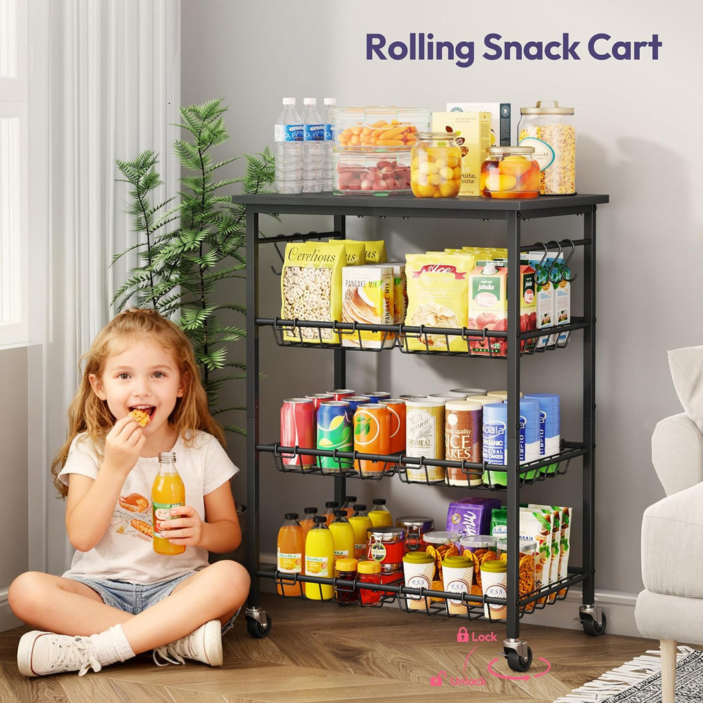 SWTYMIKI 24.4''x15.7'' Rolling Microwave Cart - 4 Tier Microwave Table Stand with 6 Storage Baskets, Coffee Bar with Wheels, Kitchen Utility Cart Shelf Rack Organizer for Vegetables, Potato, Black