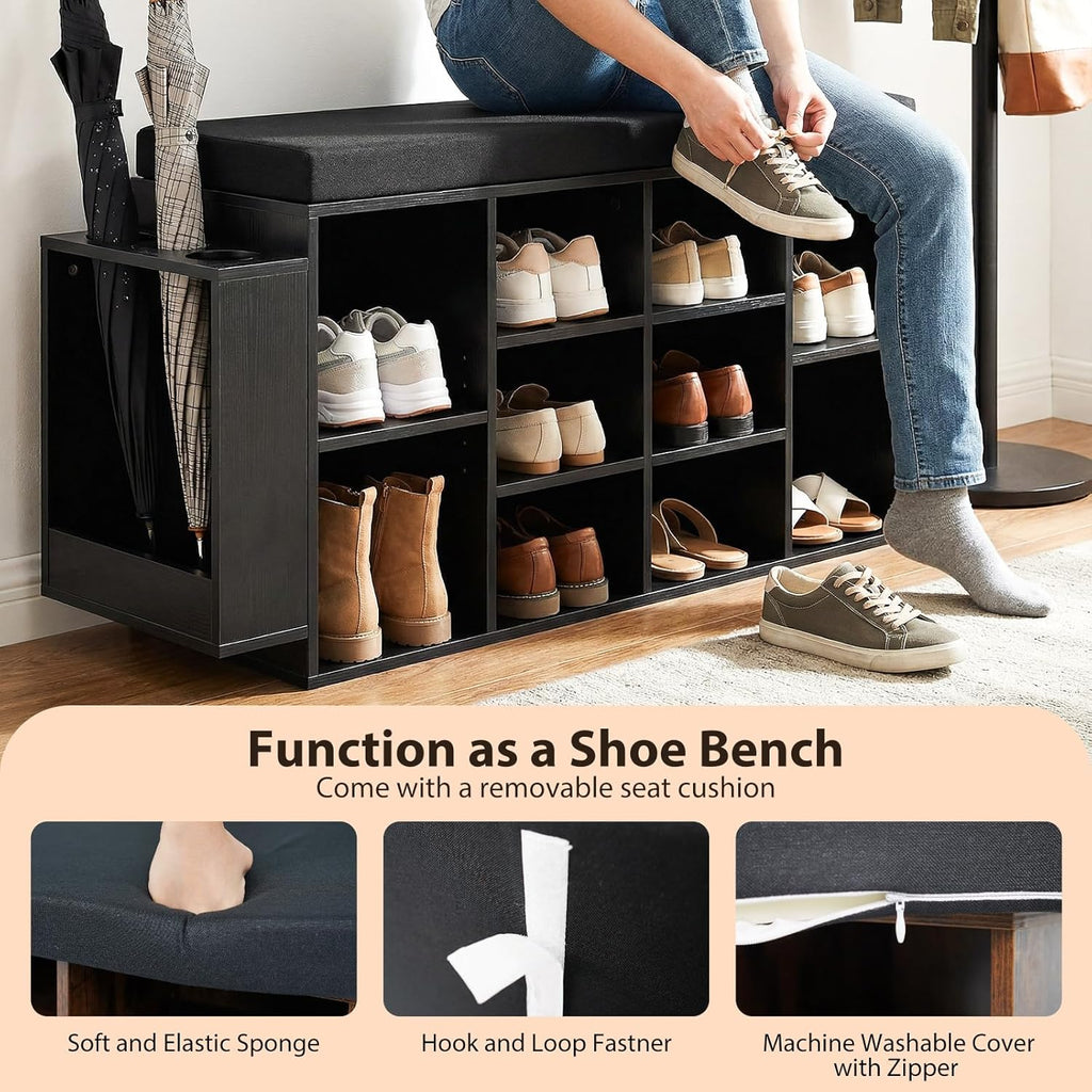 Tangkula Shoe Storage Bench with Umbrella Holder, 40" Shoe Organizer with Cushioned Seat, 10 Cubbies & Adjustable Shelves, Wooden Industrial Shoe Rack for Entryway, Living Room, Bedroom (Black)