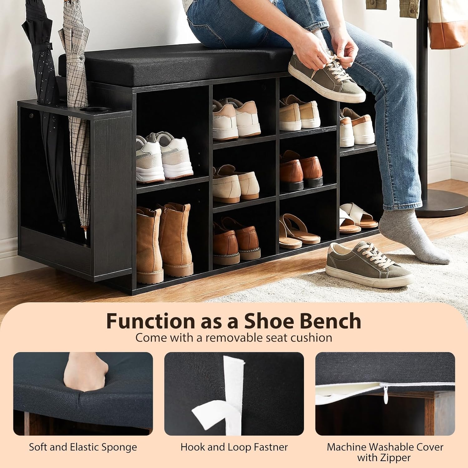 Tangkula Shoe Storage Bench with Umbrella Holder, 40" Shoe Organizer with Cushioned Seat, 10 Cubbies & Adjustable Shelves, Wooden Industrial Shoe Rack for Entryway, Living Room, Bedroom (Black)