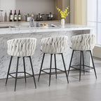 BFZ Swivel Bar Stools Set of 3, 26" Counter Height Barstools, Beige | Fabric, Upholstered Seat, Woven Backrest, Metal Frame, Mid-Century Modern, For Kitchen Island