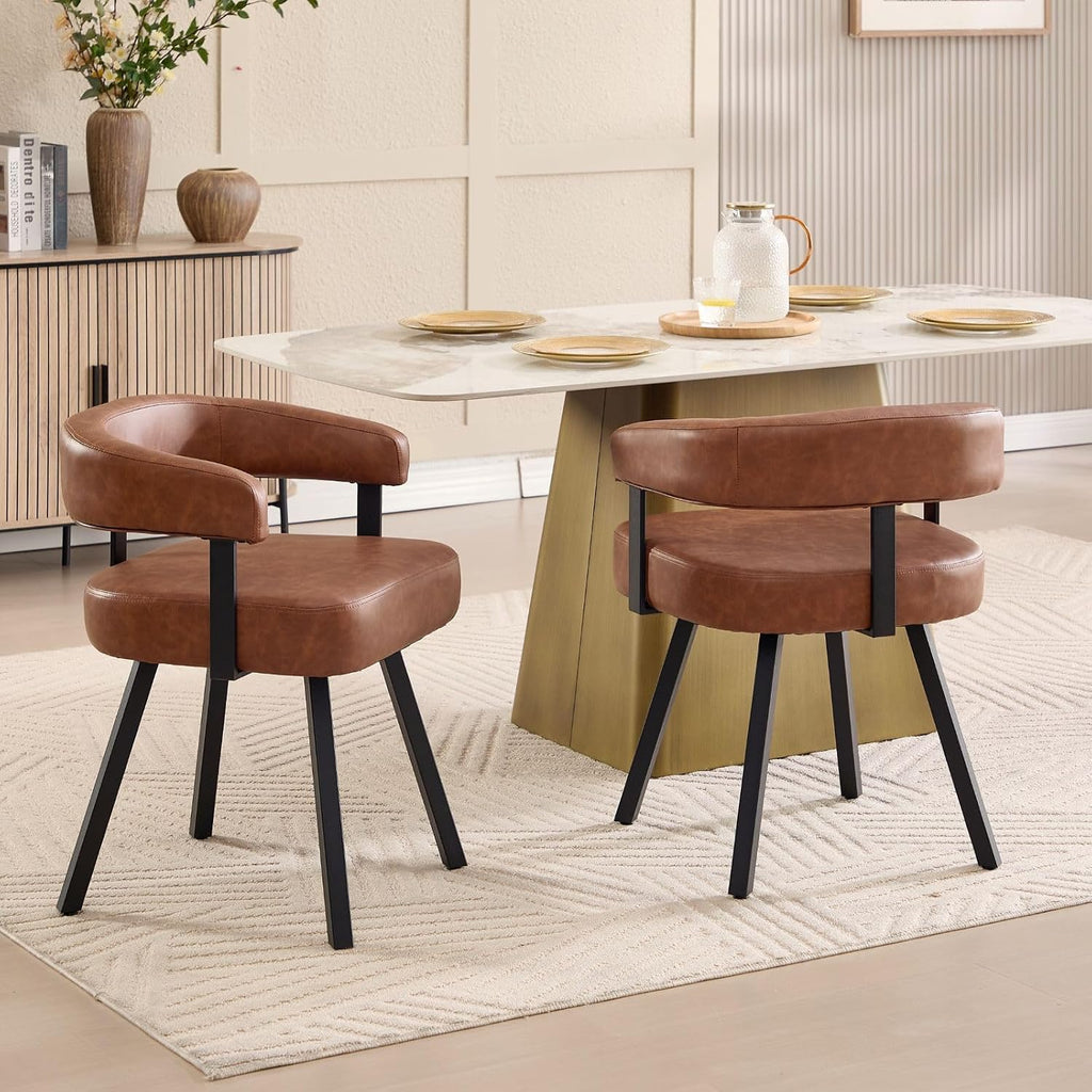 LukeAlon PU Leather Dining Chairs Set of 4, Simple Upholstered Side Chair with Padded Open Barrel Back Modern Guest Chair with Black Metal Legs for Kitchen Dining Room, Brown