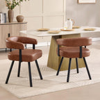 LukeAlon PU Leather Dining Chairs Set of 4, Simple Upholstered Side Chair with Padded Open Barrel Back Modern Guest Chair with Black Metal Legs for Kitchen Dining Room, Brown