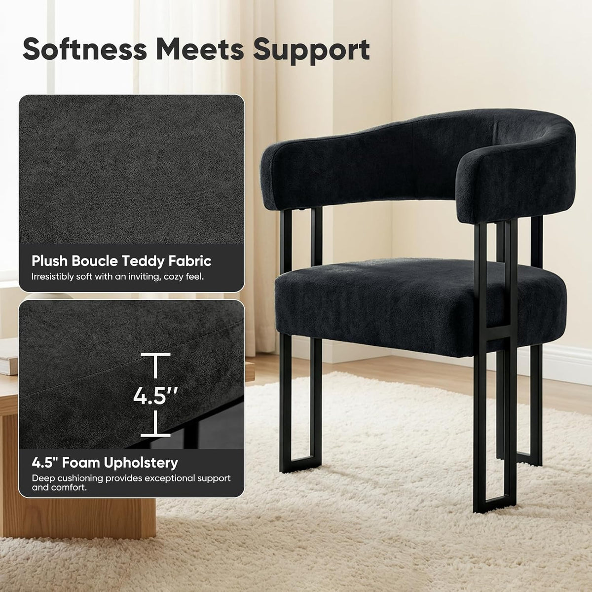 Dining Chairs Set of 2, Boucle Upholstered Kitchen Chairs with Metal Leg | Elevated Backrest Armchairs Mid Century Modern Barrel Chair for Living Room, Dining Room, Farmhouse, Coffee, Black