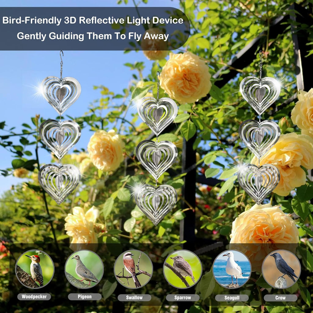 9 Heart Bird Scare Discs Set-Highly Reflective Double-Sided Bird Reflectors, Stainless Steel Wind Spinner with 360° Rotating Hook, Mirrored Wind Chime Decor for Yards, Gardens, Balconies & Orchards
