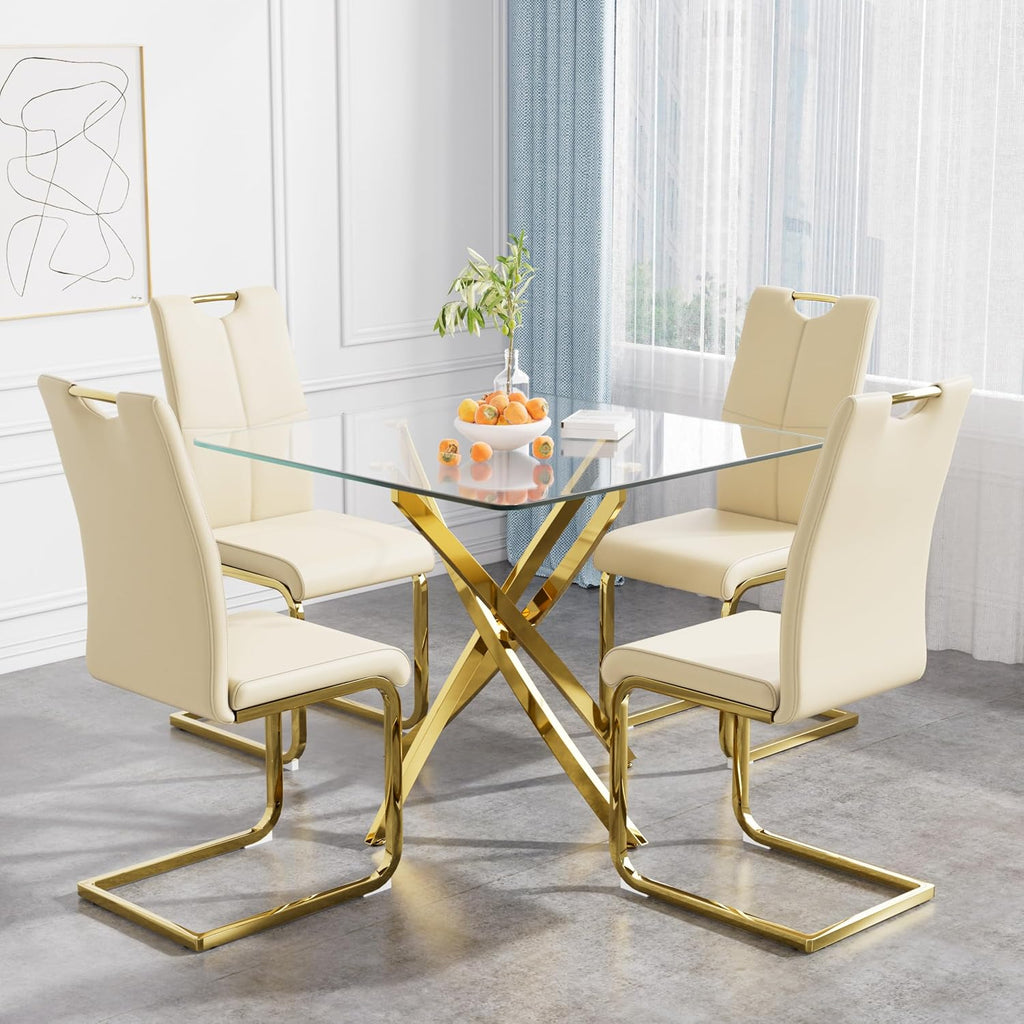 36 Inch Dining Table Set for 4, Modern Square Tempered Glass Top, Gold Finish Stainless Steel Legs Table and PU Leather Chairs for Dining Room, Living Room, Kitchen, Beige with Gold Base