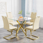 36 Inch Dining Table Set for 4, Modern Square Tempered Glass Top, Gold Finish Stainless Steel Legs Table and PU Leather Chairs for Dining Room, Living Room, Kitchen, Beige with Gold Base