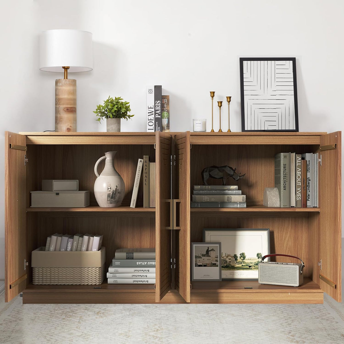 RoyalCraft 60'' Large Buffet Cabinet with Storage, Fluted Sideboard with Doors and Adjustable Shelves, Wood Credenzas Console Coffee Bar Cabinet for Kitchen, Living Room, Rustic Oak
