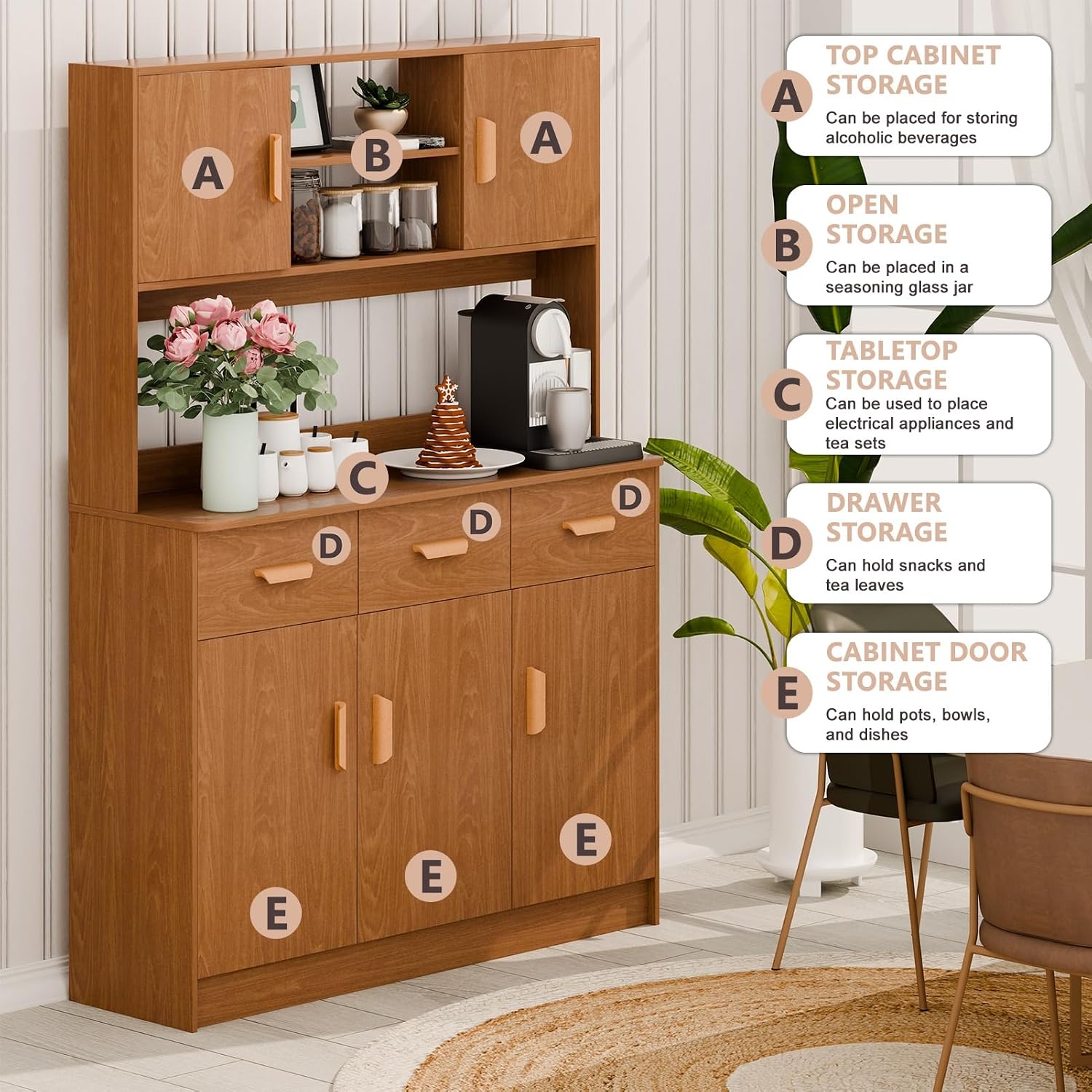 Talent Star Pantry Cabinets for Kitchen Storage, Freestanding Hutch Cabinet with Buffet Cupboard, Utility Pantry with Microwave Stand, Household Wall Tall Sideboard with 3 Drawers Ebony