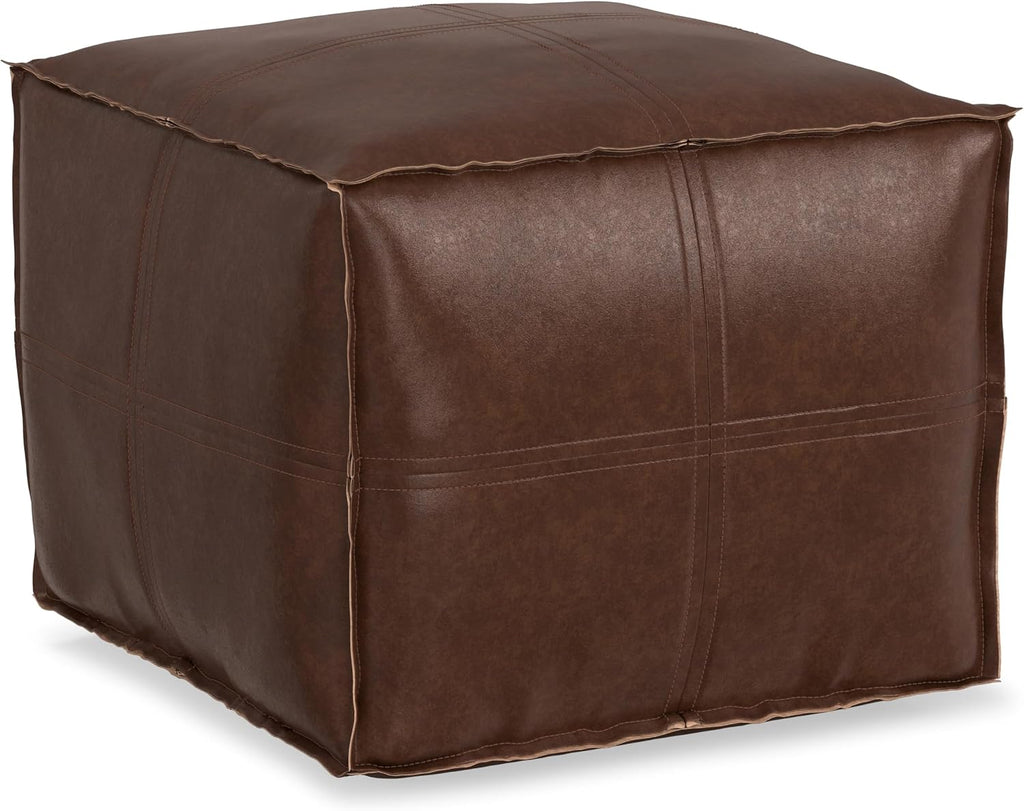 SIMPLIHOME Brody 18" Wide Square Pouf in Distressed Dark Brown Faux Leather | Boho footstool, coffee table and extra seating for living room or bedroom with assembled design, assembled; pouf ottoman.