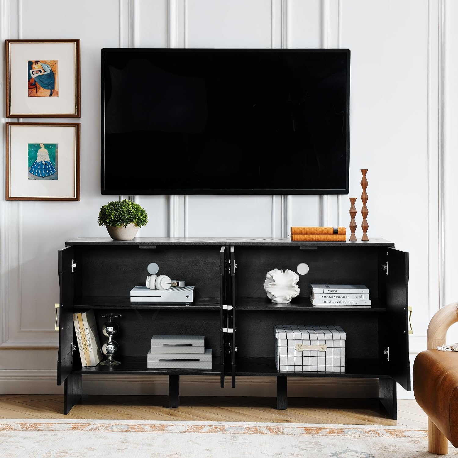 LKTART 60" Black Sideboard Buffet Cabinet,Modern Accent Credenza Storage Cabinet with 4 Doors,Media Console Table for Living Room Entryway