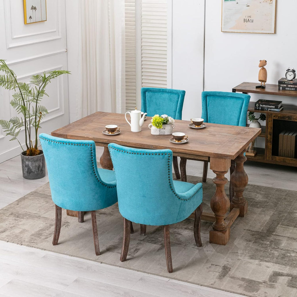 Ball & Cast Mid-Century Upholstered Dining Chairs Set of 2, Thickened Fabric Wingback Kitchen Chairs with Bronze Nail Head & Toned Solid Wood Legs, Blue