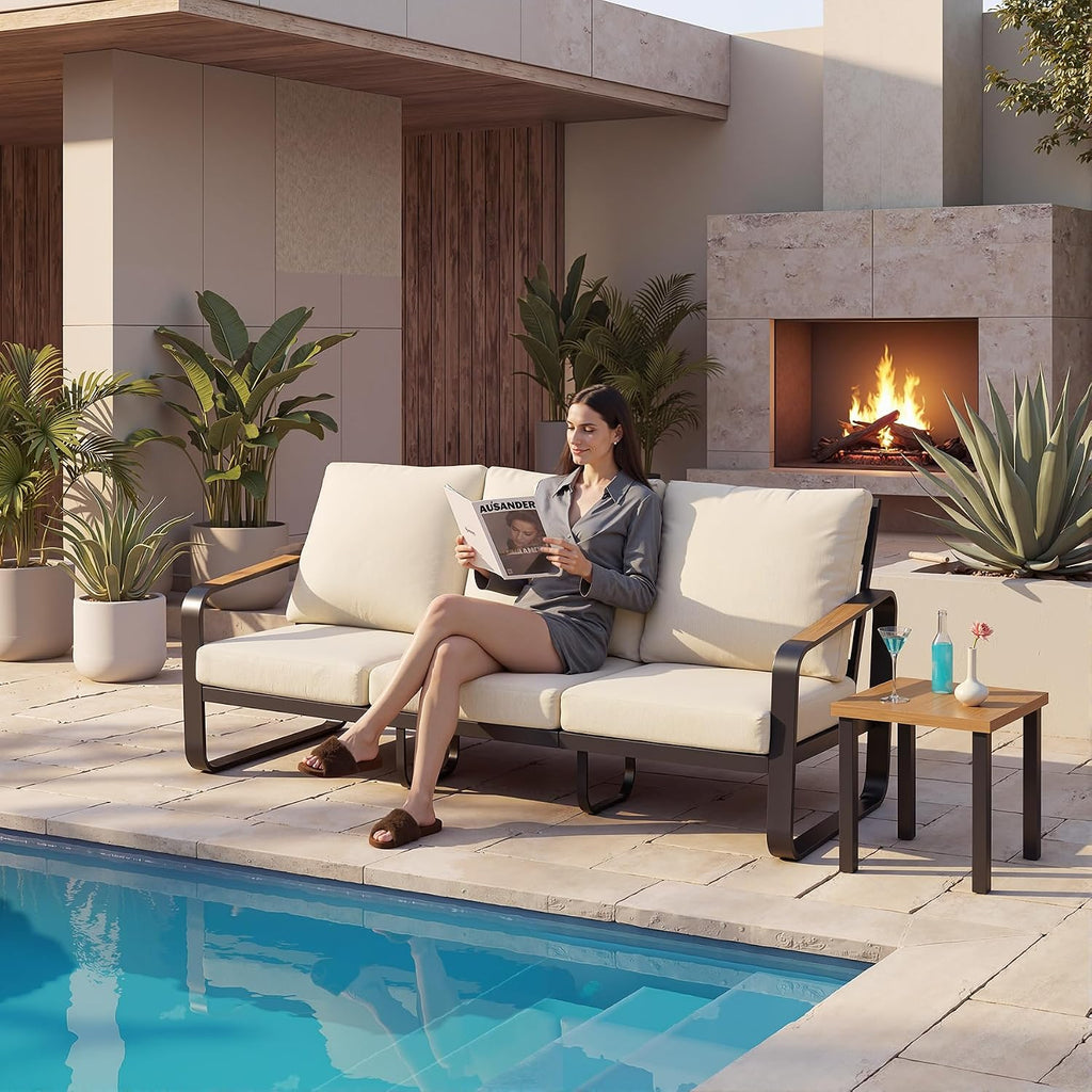 Tribesigns Outdoor Patio 3 Seater Sofa Tall Back & Oversized Seat, Modern Metal Frame Patio Couch with 6'' Thick Cushions & WPC Armrests, All-Weather Conversation Sofa for Backyard, Poolside, Beige