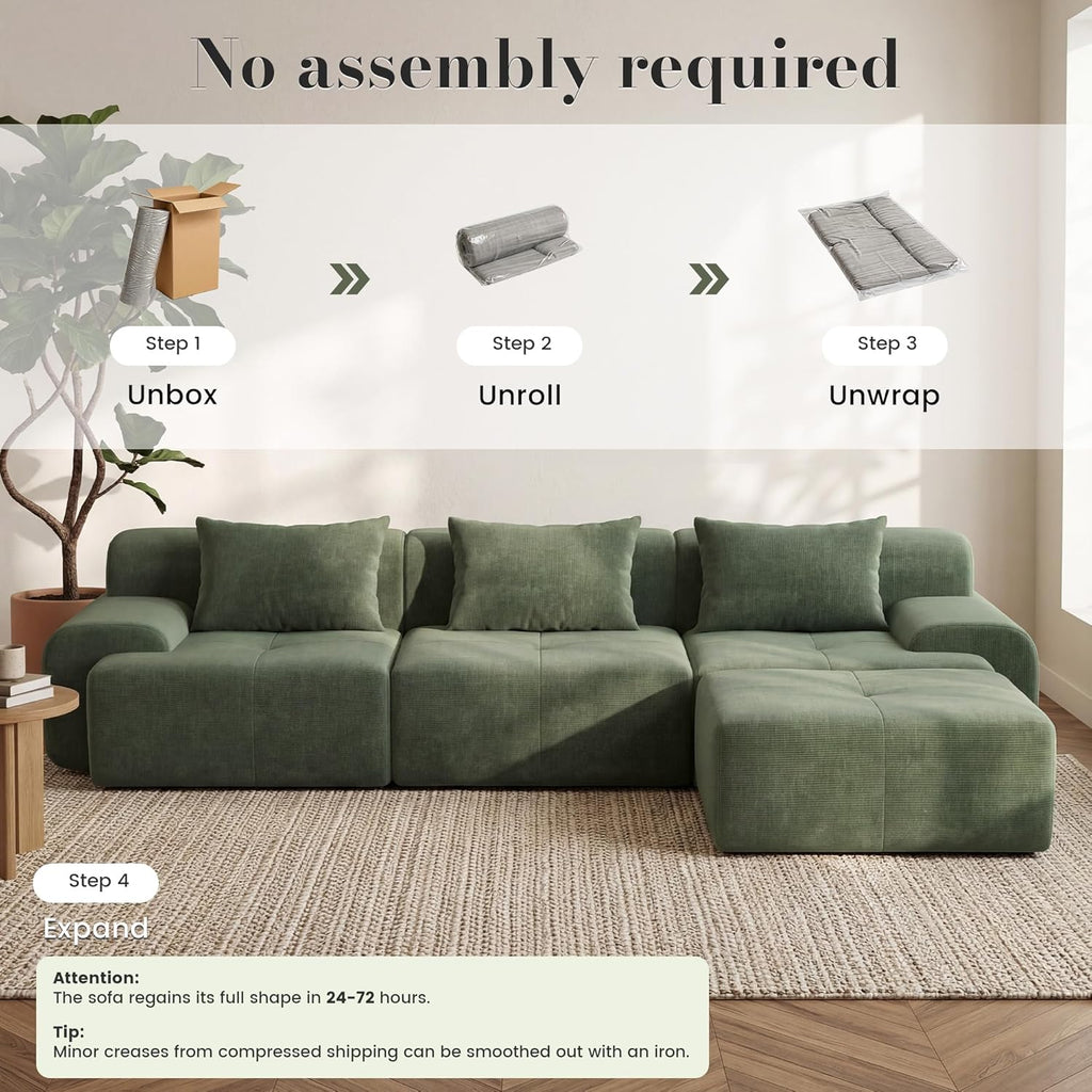 GRUSIGN 108'' Modular Sofa,Sectional Couch for Living Room | Tufted Oversized L Shape Deep Seat Sectional Sofa with Ottoman & 3 Throw Pillows,Corduroy Cloud Couch,Green