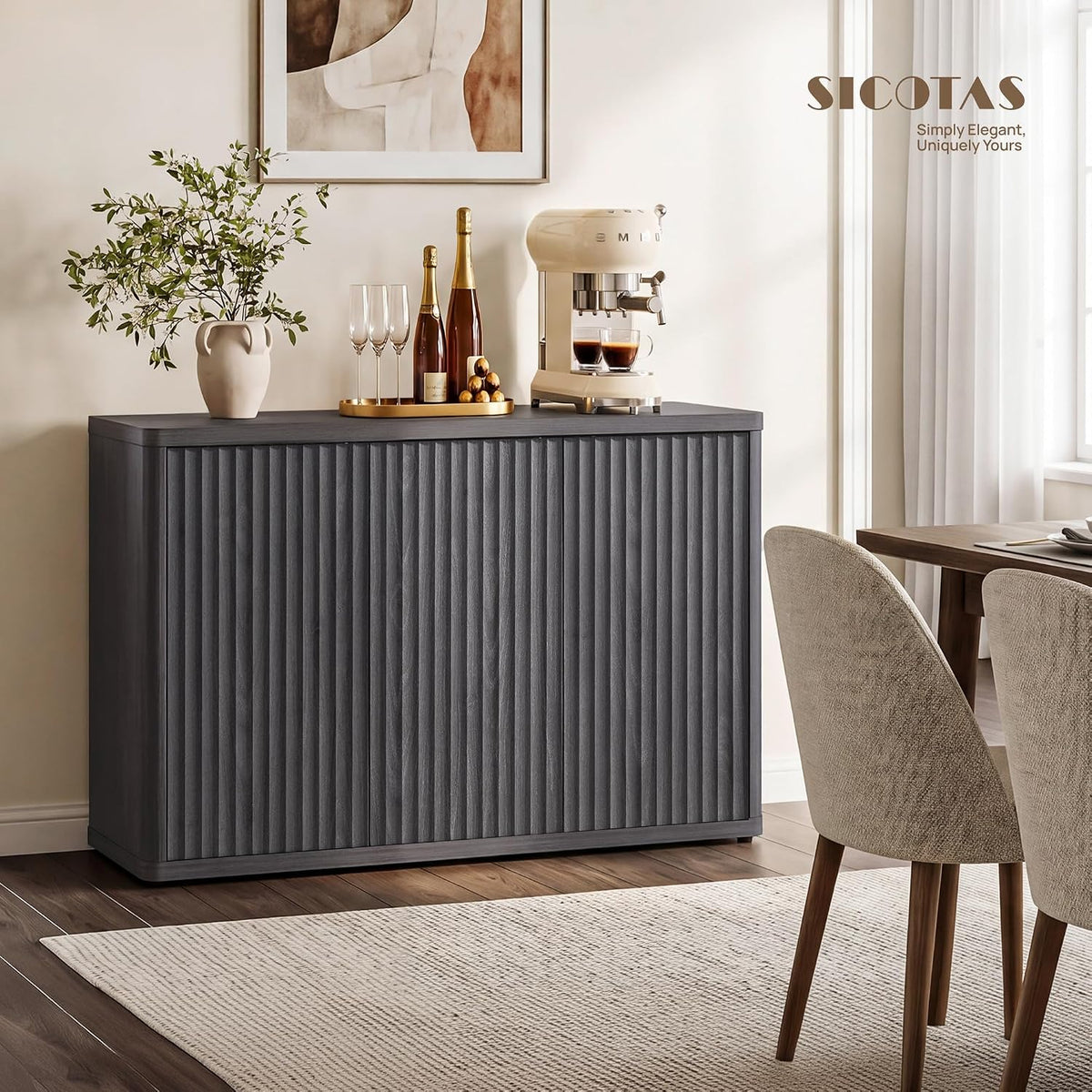 SICOTAS Buffet Cabinet with Storage Accent Sideboard with 3 Doors Modern 46.6" Wide Credenza Fluted Buffet Table Media Console Cabinet Entryway Cabinets for Living Room Kitchen Dining Room Hallway