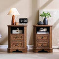 T4TREAM Farmhouse Nightstand Set of 2 with Charging Station, 18" End Table with 2 Drawers, Wood Side Table, Bedside Cabinet for Bedroom, Living Room (Brown)