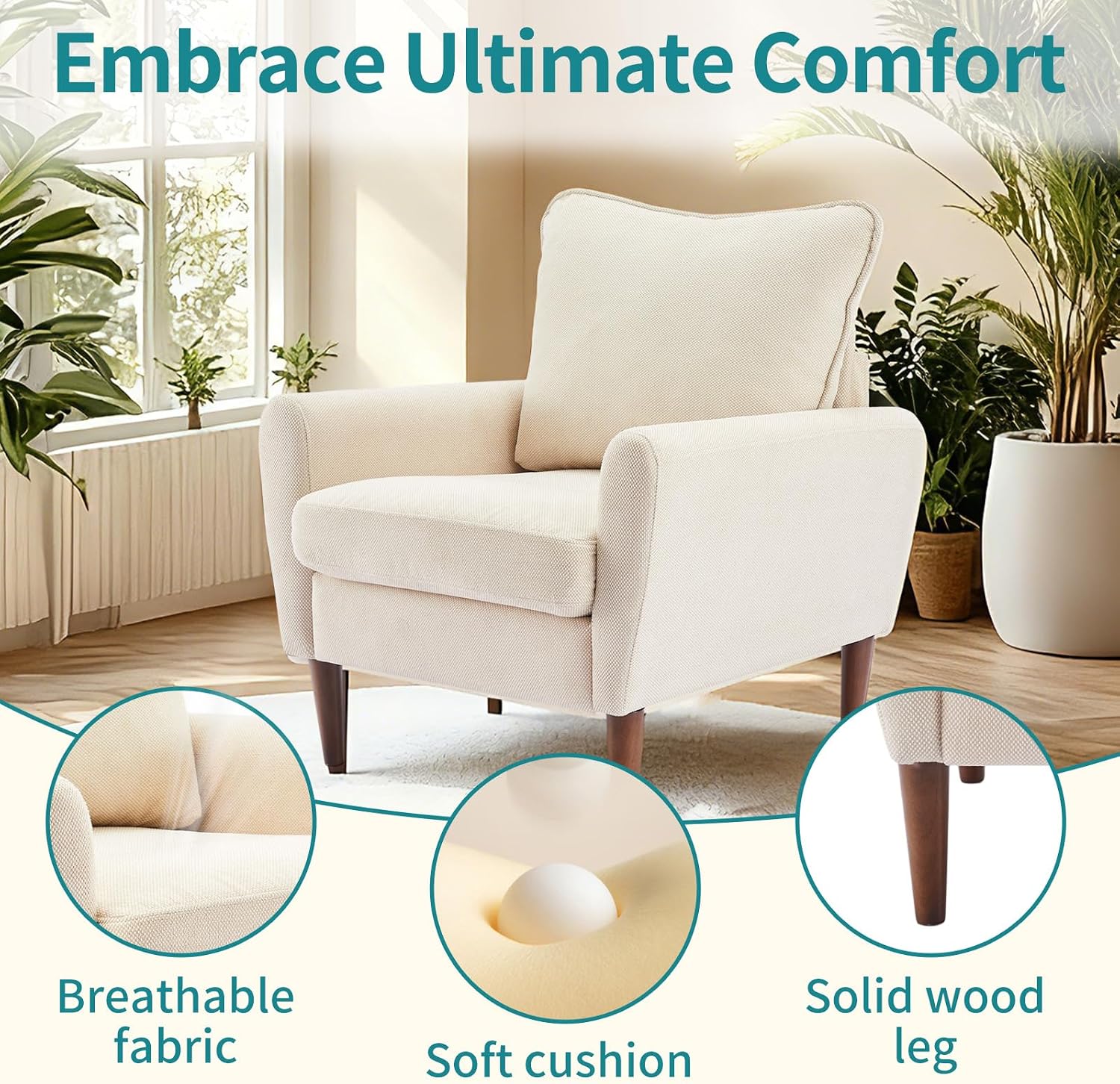 OLIXIS Comfy Accent Chair for Living Room Bedroom and Waiting Room | Upholstered Mid-Century Reading Chair with Pillow and Solid Wood Legs, Wide Singe Modern Lounge Sofa, Cream Beige