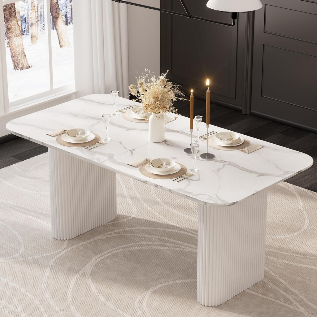 Oval Dining Table for 4-8 People, 70" Long Large Kitchen Table with Thick Sturdy Ripple Legs, Modern Spacious Rectangle Accent Dining Room Table for Dining Room/Kitchen/Apartment (Faux Marble&White)