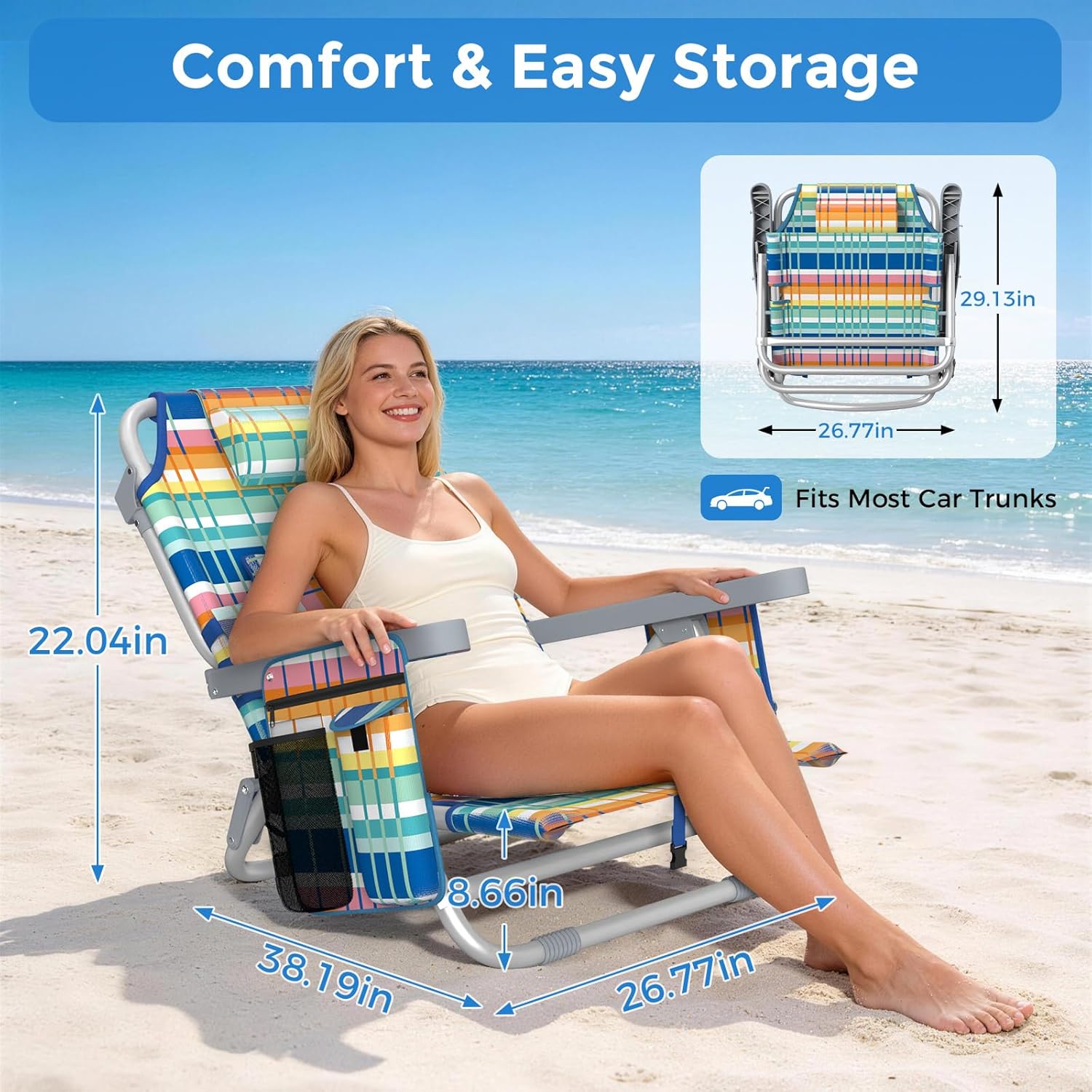5-Position Backpack Beach Chair for Adults with Lumbar, Foldable Tall Heavy-Duty Beach Chairs with Cooler Bag,Cup Holder,Towel Rack for Beach, Camping, Outdoor
