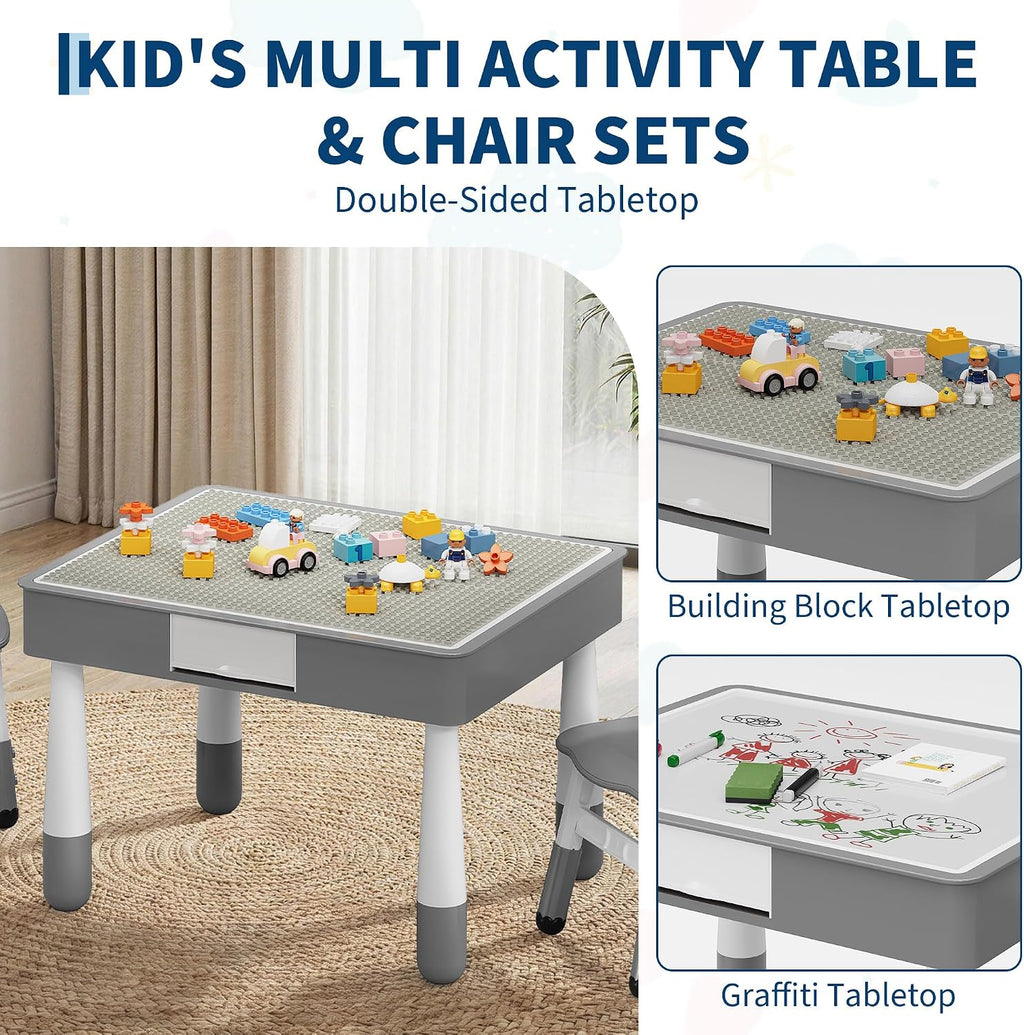 4-in-1 Kids Activity Table & Chair Set,Double-Sided Reversible Tabletop with Building Block Base & Graffiti Drawing Board,2 Adjustable Toddler Chairs,Multi-Purpose Activity Desk for Reading,Drawing