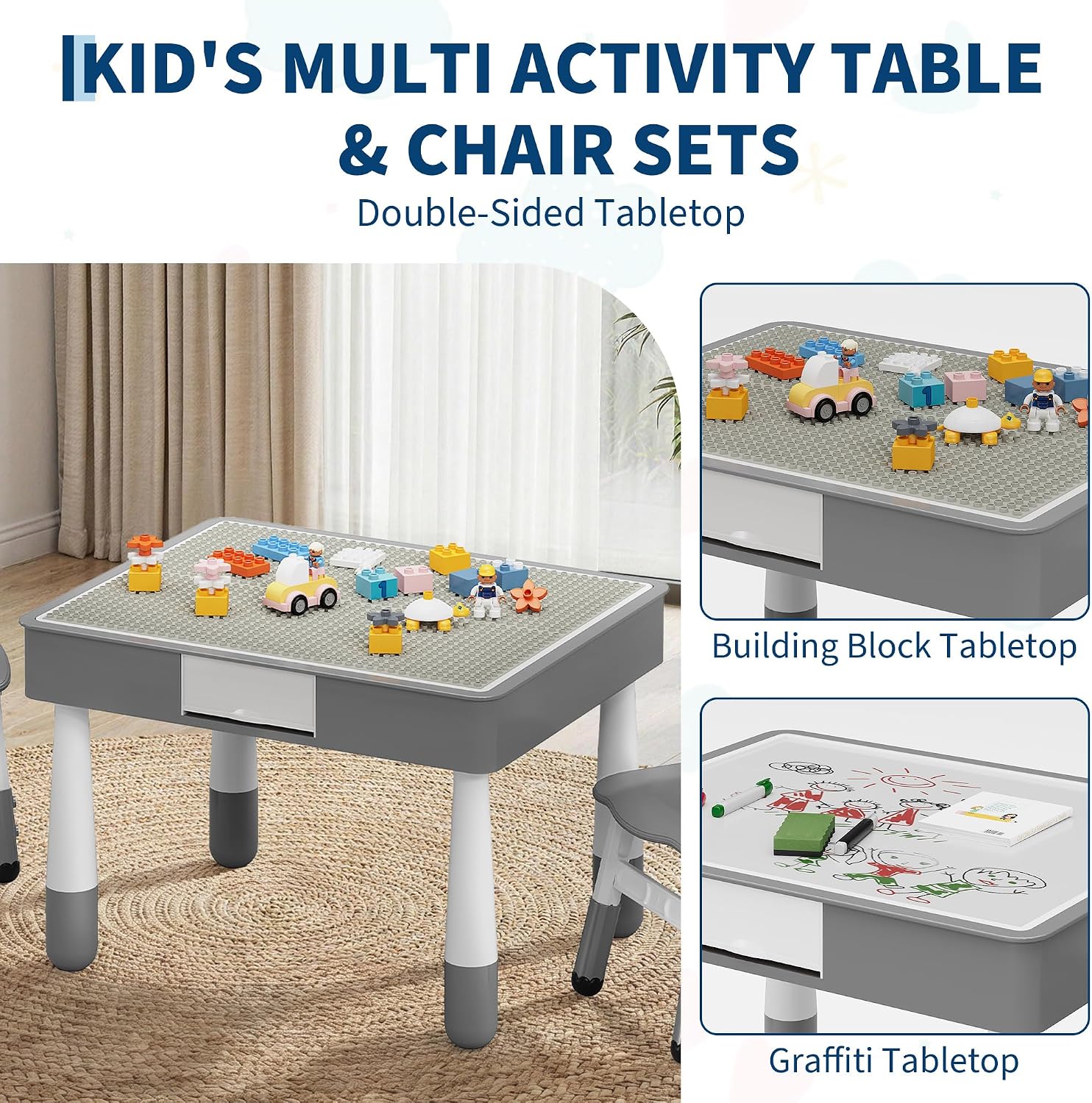 4-in-1 Kids Activity Table & Chair Set,Double-Sided Reversible Tabletop with Building Block Base & Graffiti Drawing Board,2 Adjustable Toddler Chairs,Multi-Purpose Activity Desk for Reading,Drawing
